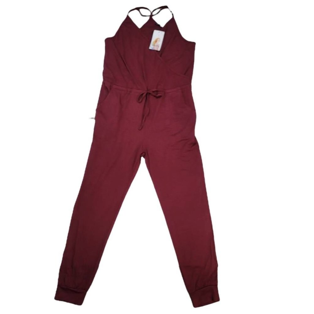 Prettygarden Womens Faux Wrap Jumpsuit Red V Neck Drawstring Sleeveless M New